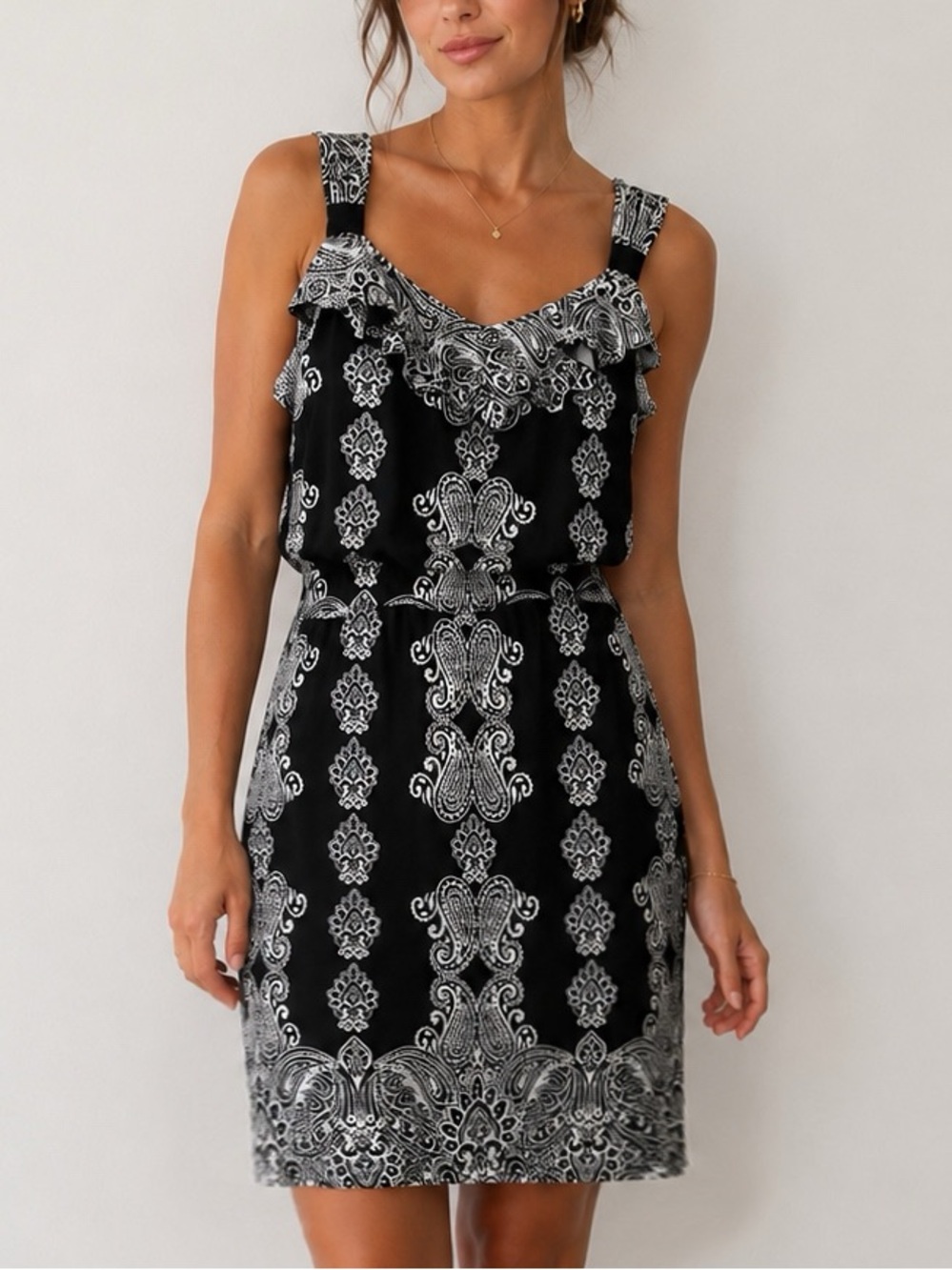 WHBM Black White Ruffle Sleeveless Boho Medallion Print Cinched Waist Mini Dress